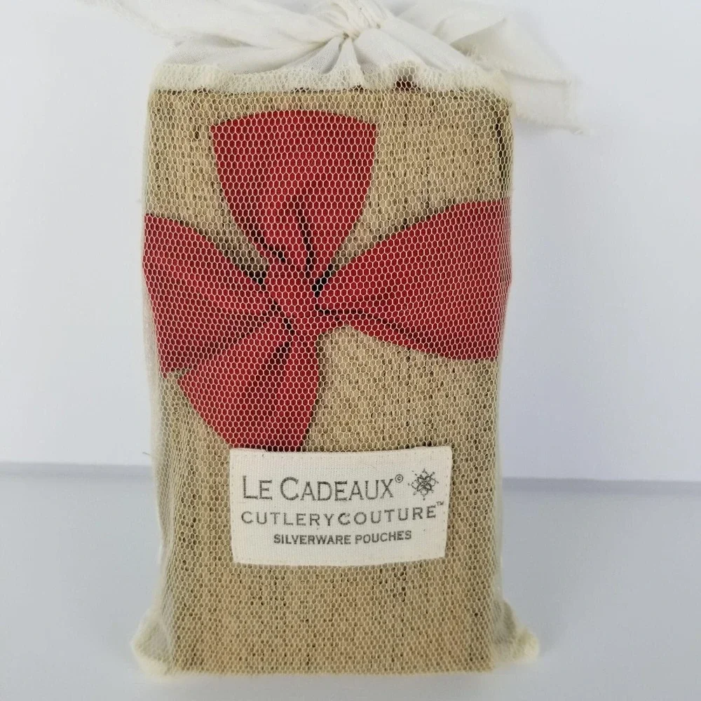 New‎ Le Cadeaux Boutique Jute Silverware Pouches Red Bows Set of Eight - 407